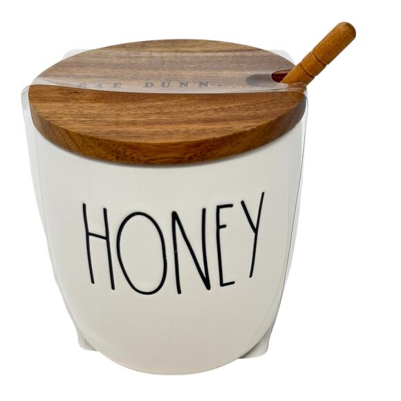 Rae Dunn White Ceramic Honey Pot With Wooden Lid And Dipper Rustic Farmhouse - Picture 1 of 11